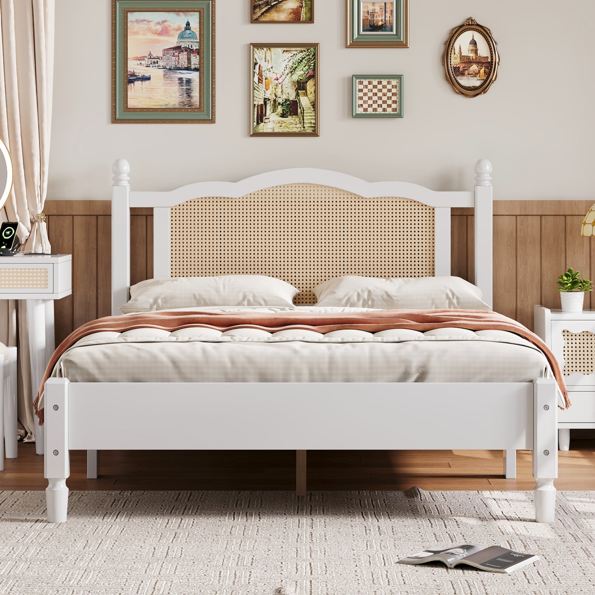 Full Size Wooden Platform Bed with Natural Rattan Headboard Vintage Design with Wooden Slat Support In White