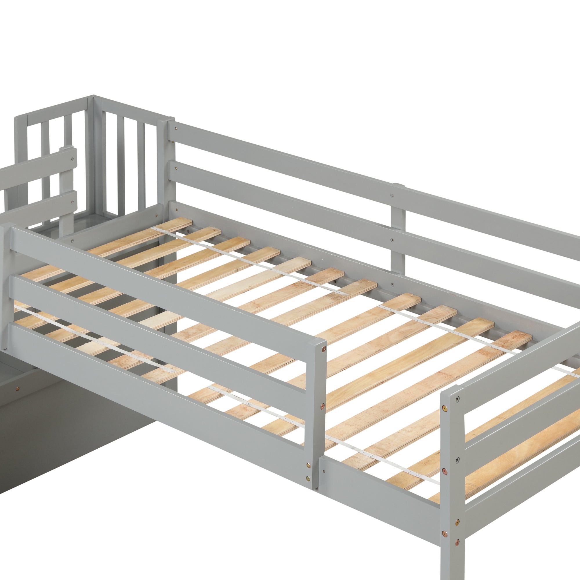 Gray Twin Loft Bed with Slide, Storage Staircase, and Full-Length Guardrails