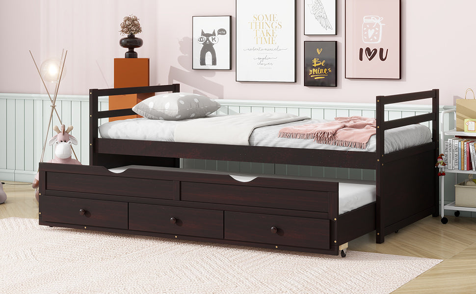 Espresso Pine Twin Size Bed with Headboard, Footboard, Trundle, and Three Storage Drawers