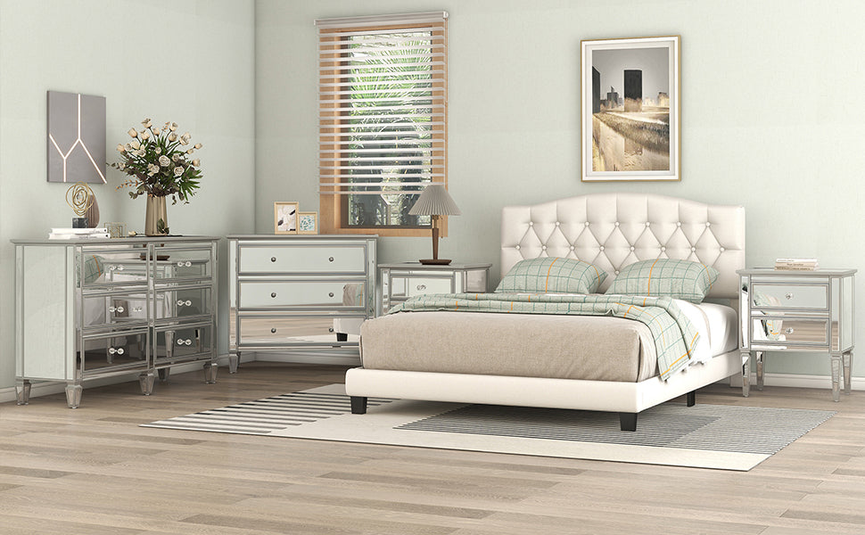 Upholstered Platform Bed with Saddle Curved Headboard and Diamond Tufted Details in Beige