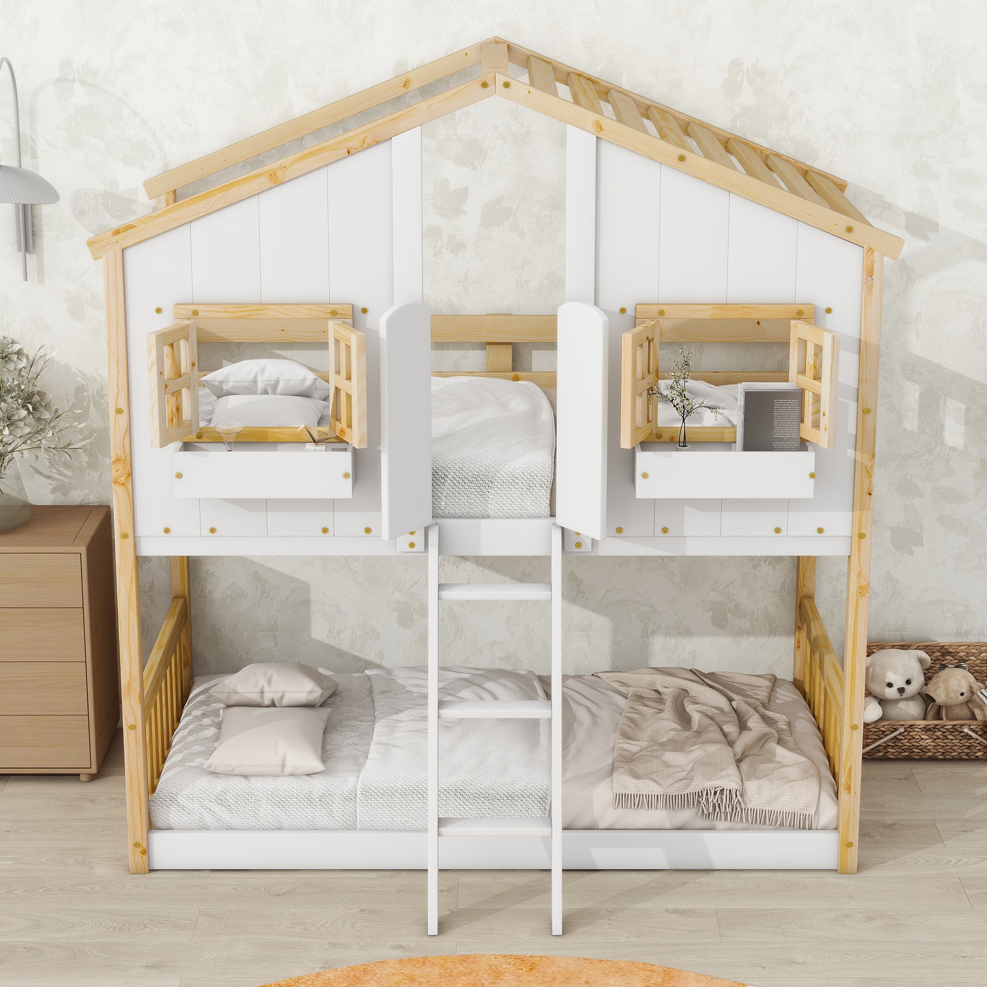 Twin Over Twin House Bunk Bed with Roof, Window, and Door in Natural and White Tones