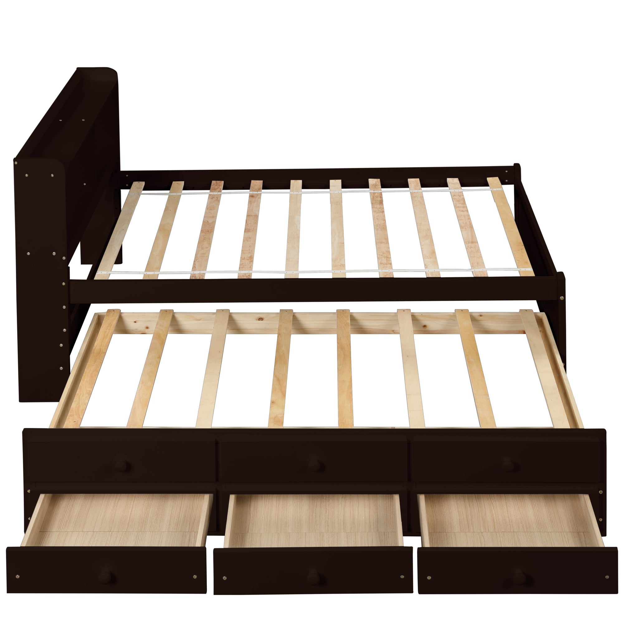 Twin Size Bed with Storage Integrated Headboard, Trundle & Drawers in Espresso