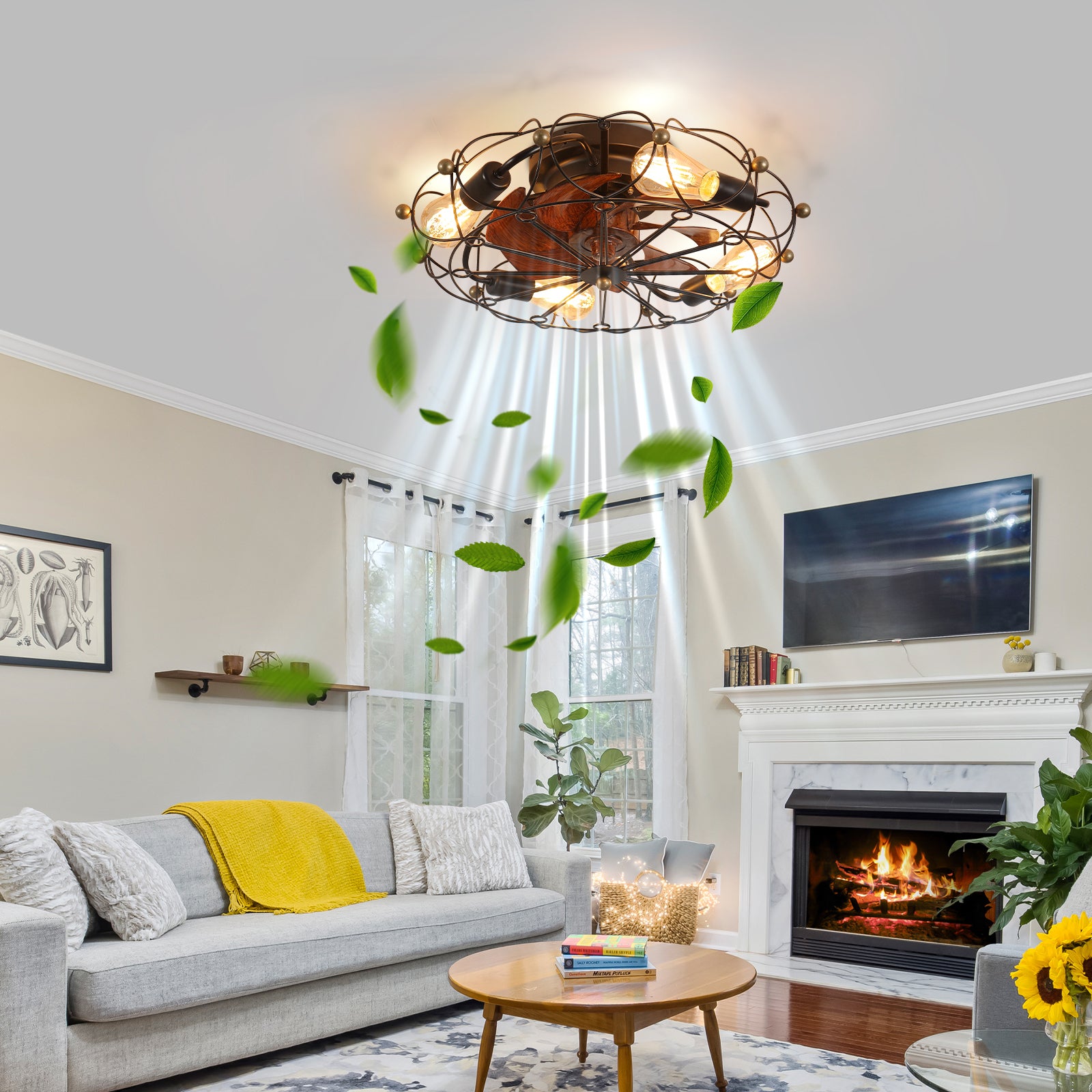 Browned Low Profile Caged Ceiling Fan with Lights and Remote Control