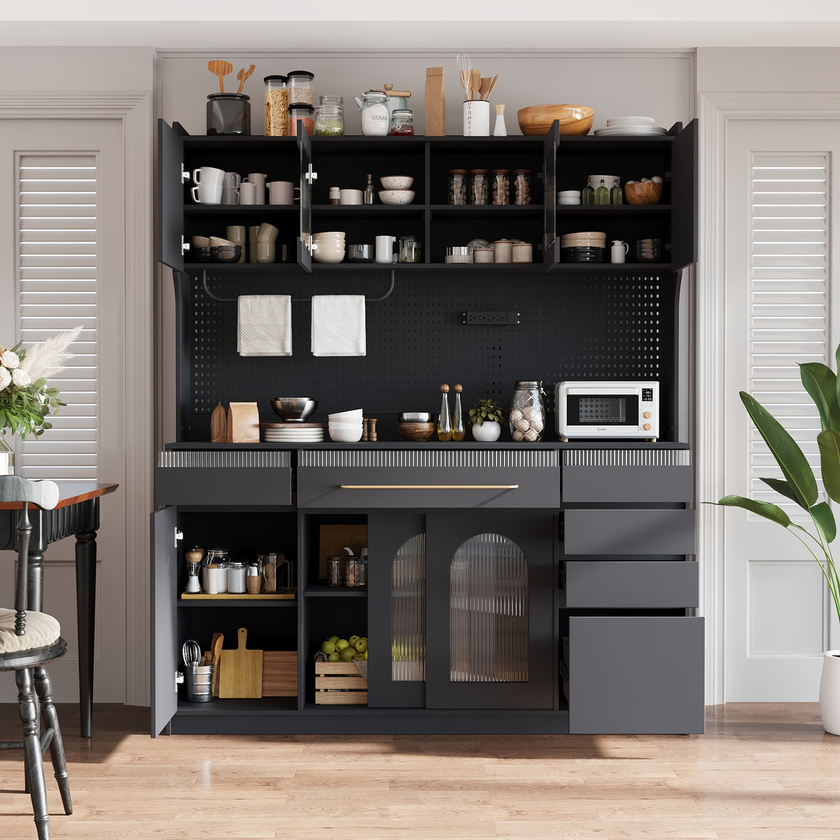 63 Inch Buffet with Hutch Large Coffee Bar Storage Cabinet with 6 Drawers 5 Cabinets Adjustable Shelves In Black