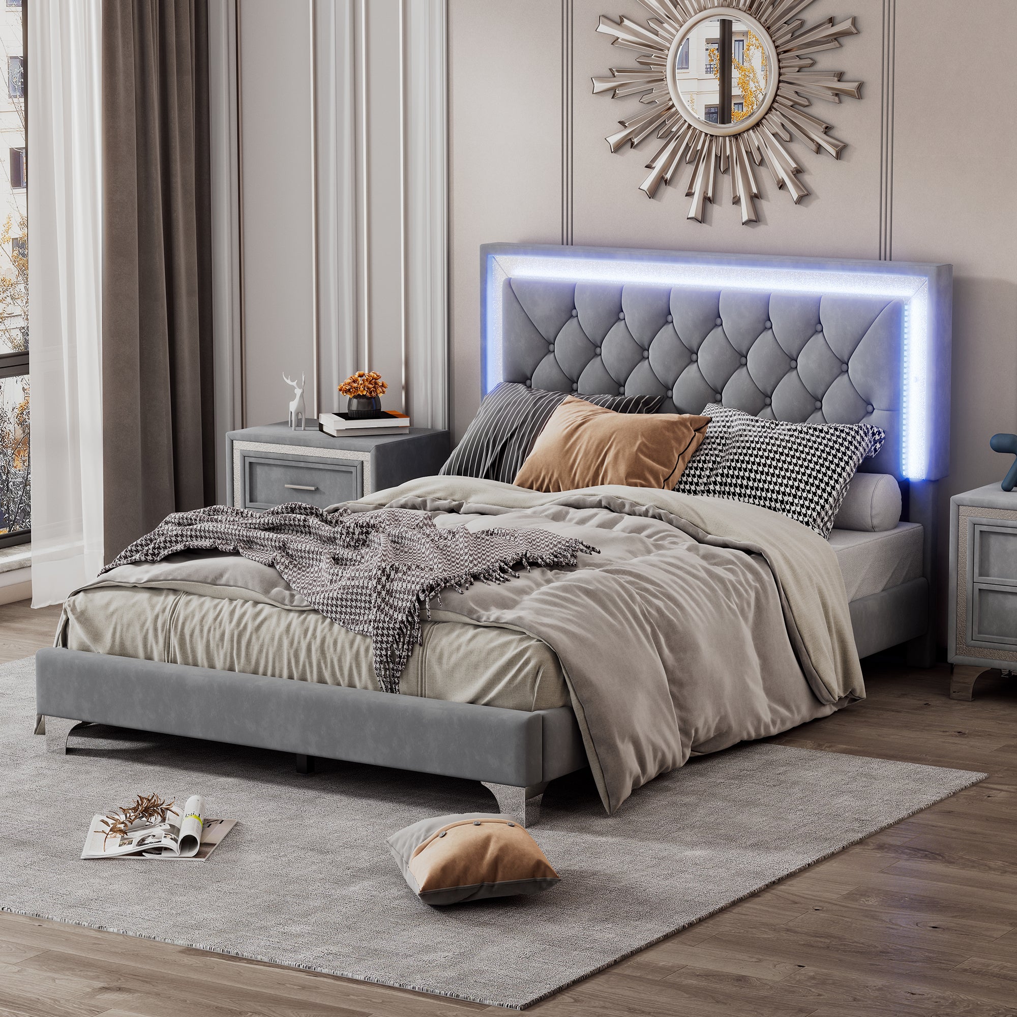 Full Size Upholstered Bed Frame with LED Lights Modern Velvet Platform Bed with Tufted Headboard In Gray