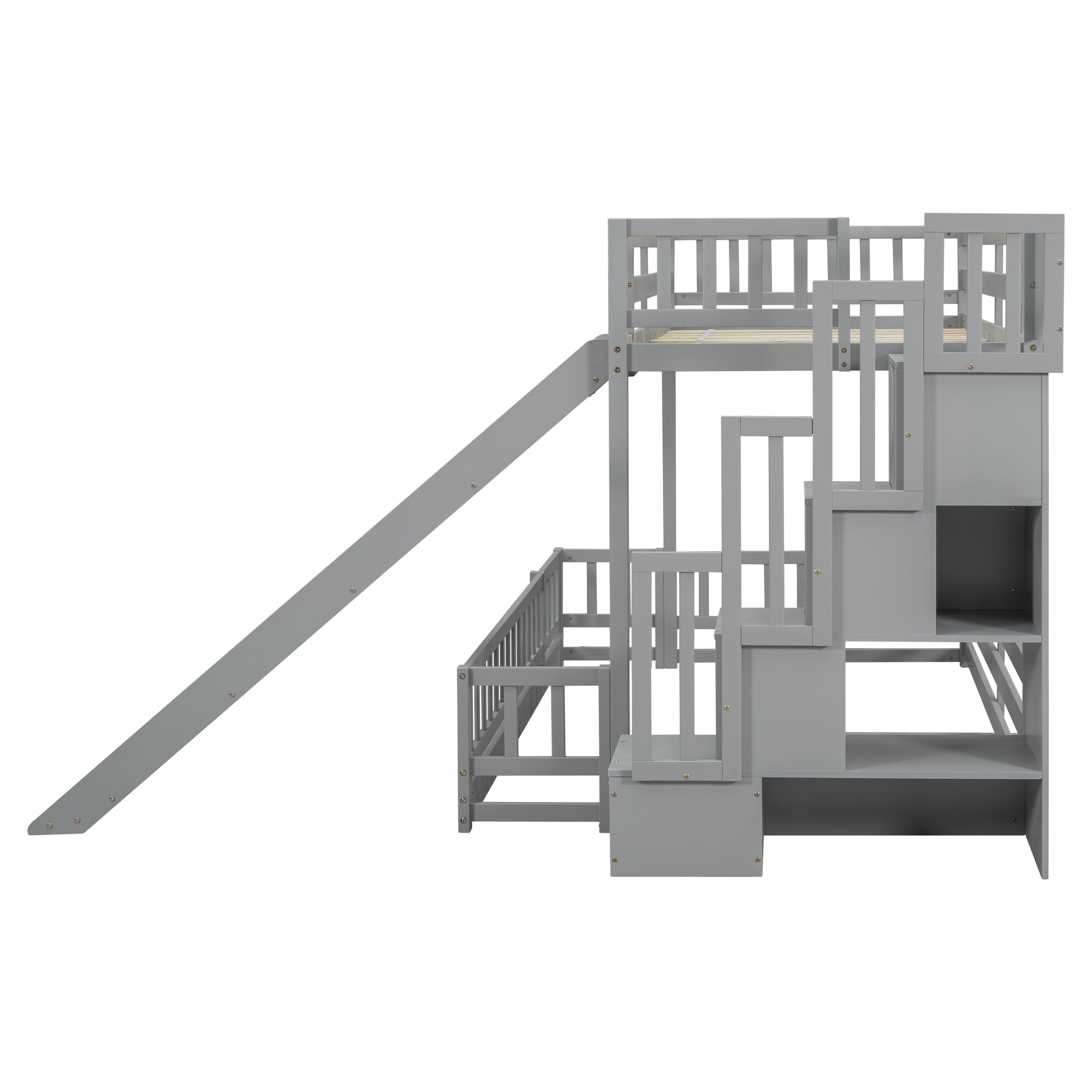 Twin Over Full Bunk Bed with Slide and Storage Staircase