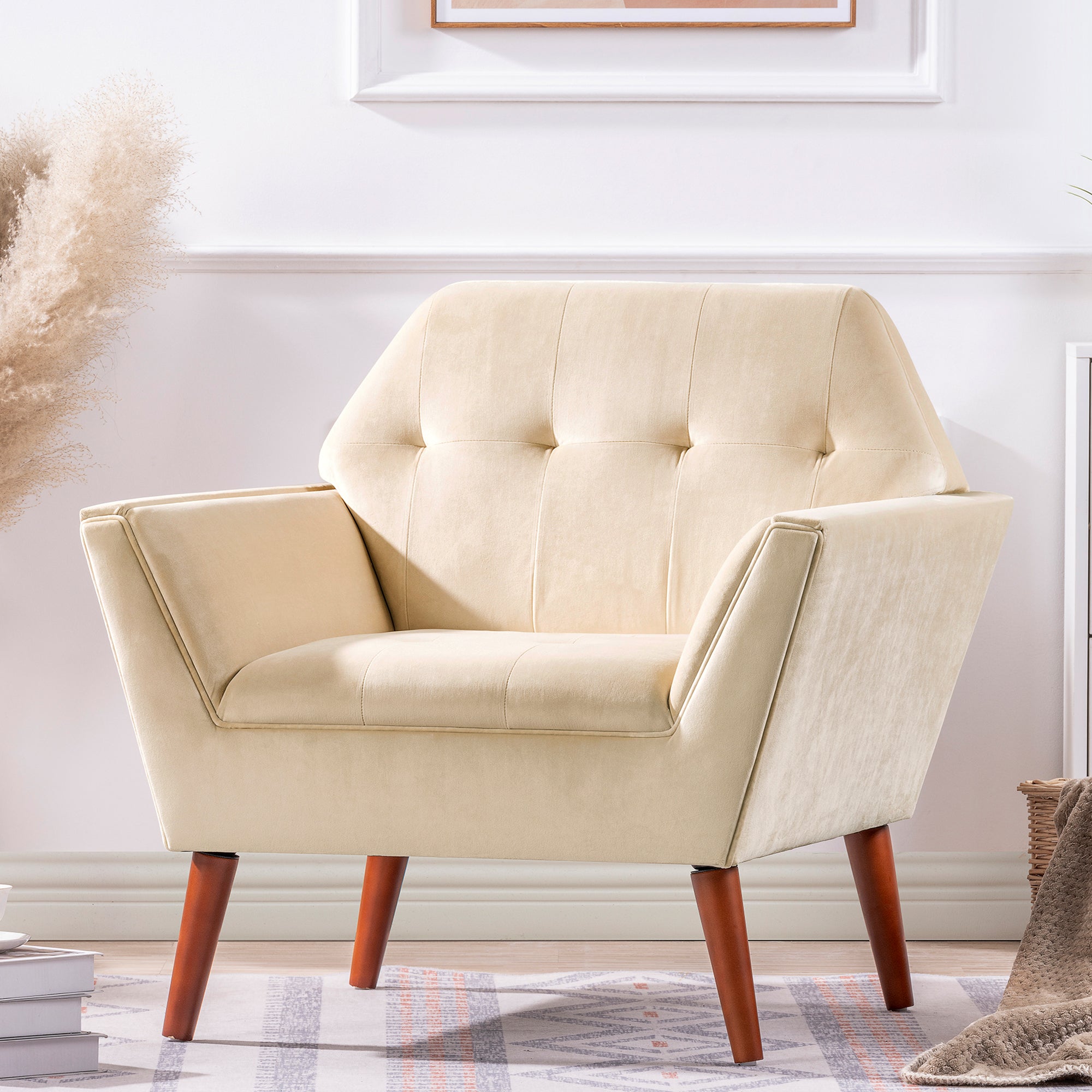 Beige Upholstered Chair with Birch Legs