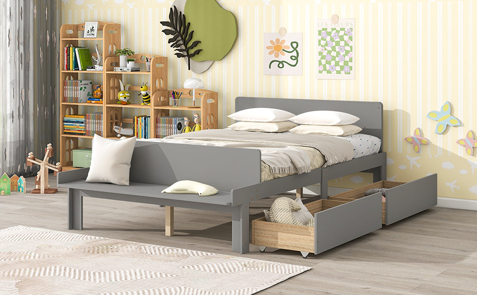 Gray Full Size Bed with Footboard Bench and Storage Drawers