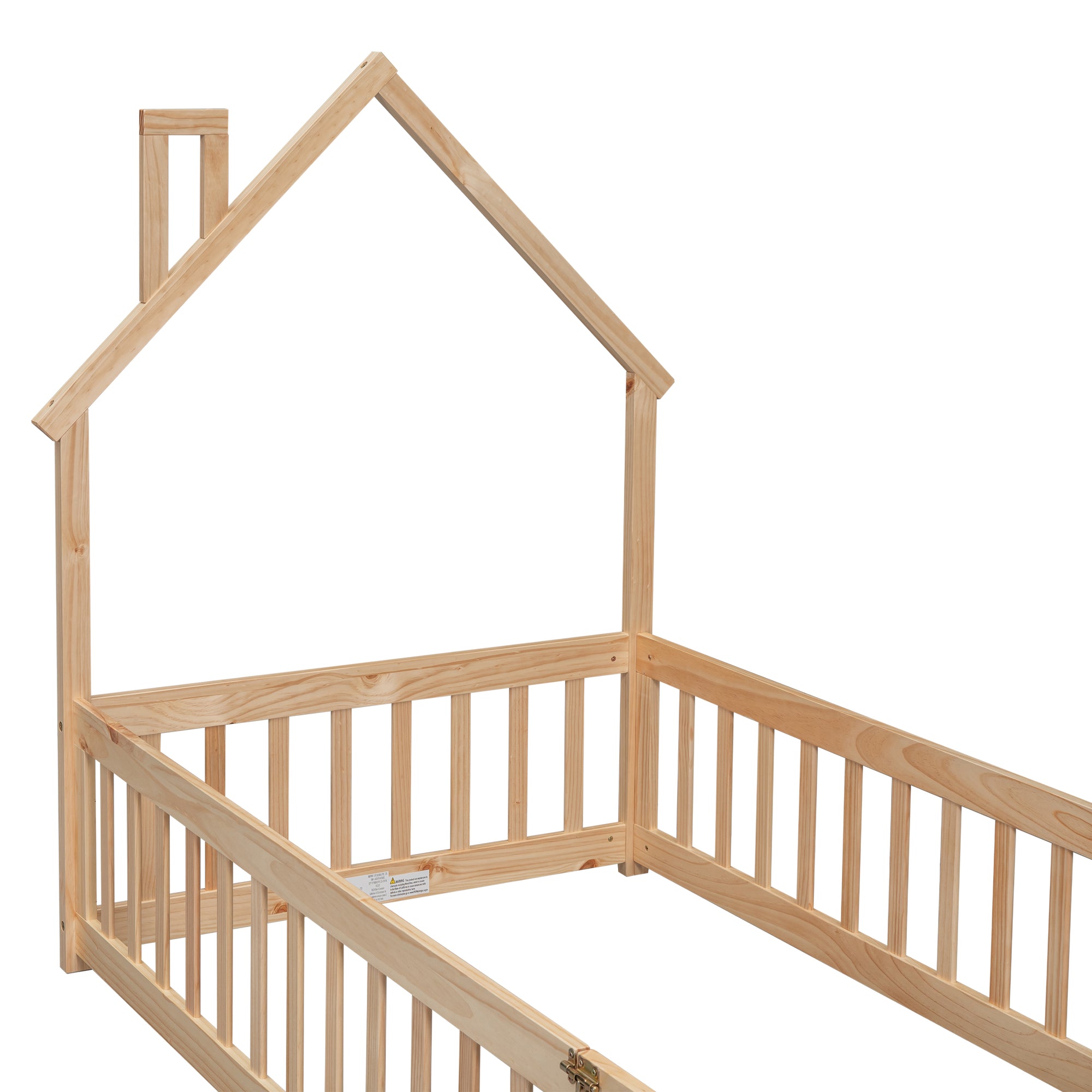 Natural Twin House-Shaped Headboard Toddler Floor Bed with Fence