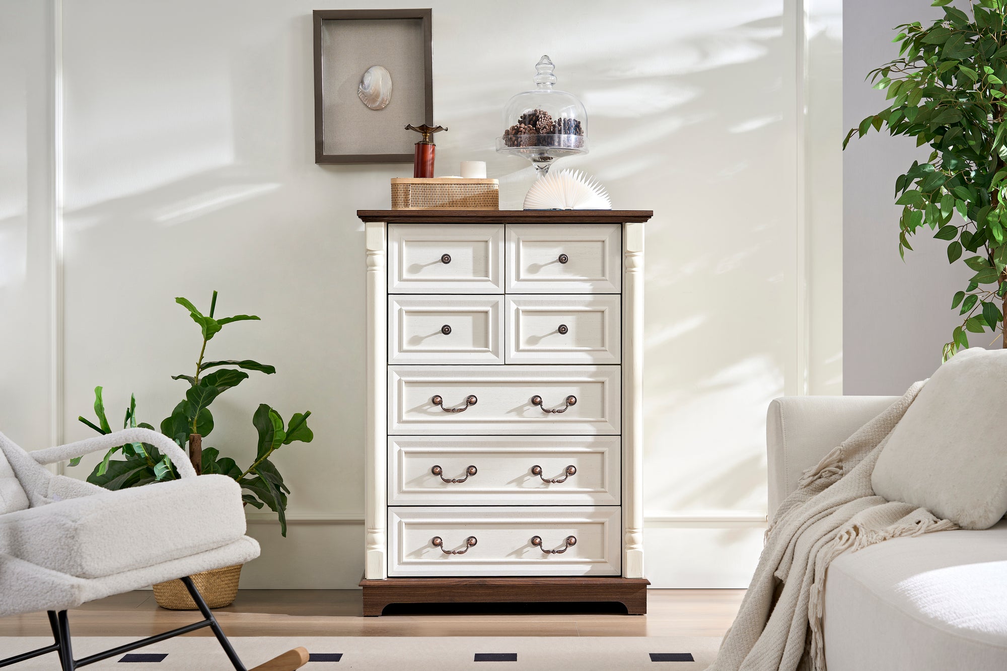 7 Drawer Dresser Chest with Wooden Base and Riser Trim, Rustic Storage Solution for Bedroom and Living Room In Walnut