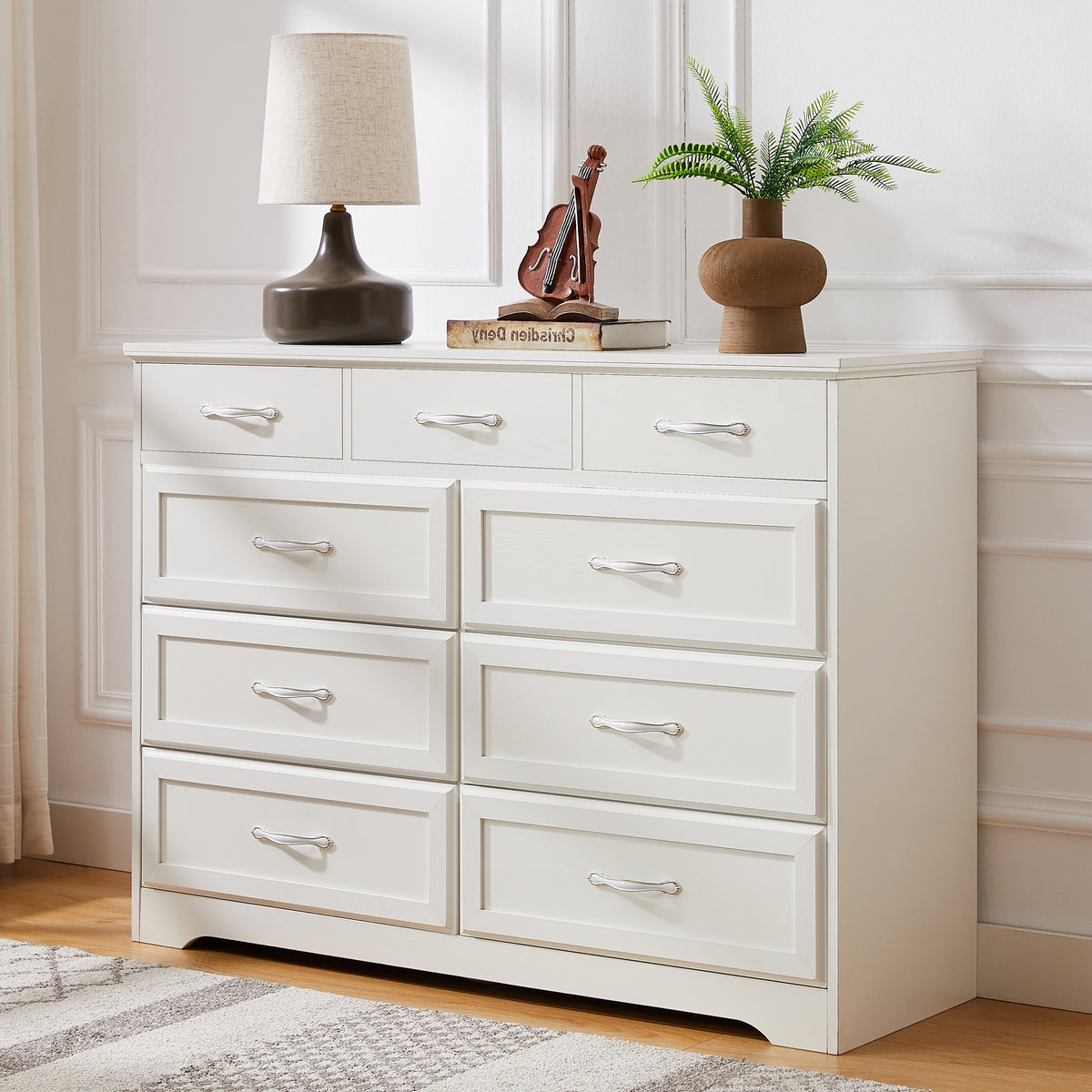 Wood 9 Drawer Bedroom Dresser with Antique Handles In White