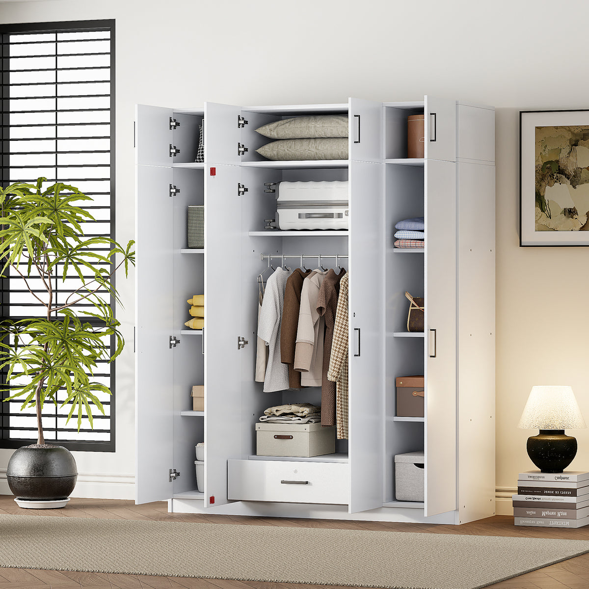 Contemporary 4-Door Wardrobe with Drawer and Cabinet In White