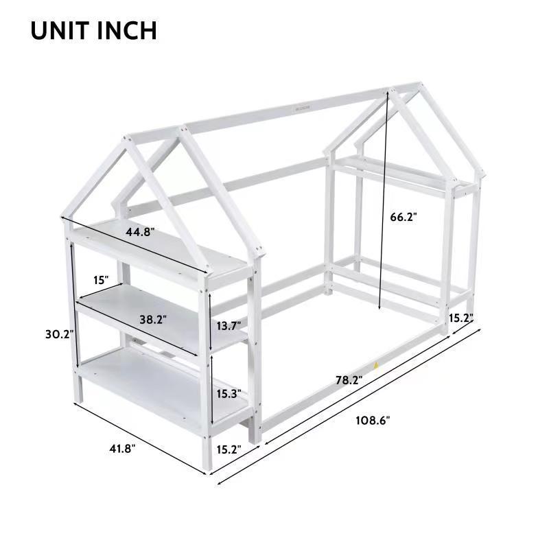 Twin Size Wood House-Shaped Floor Bed with Storage Shelf and Hanger in White