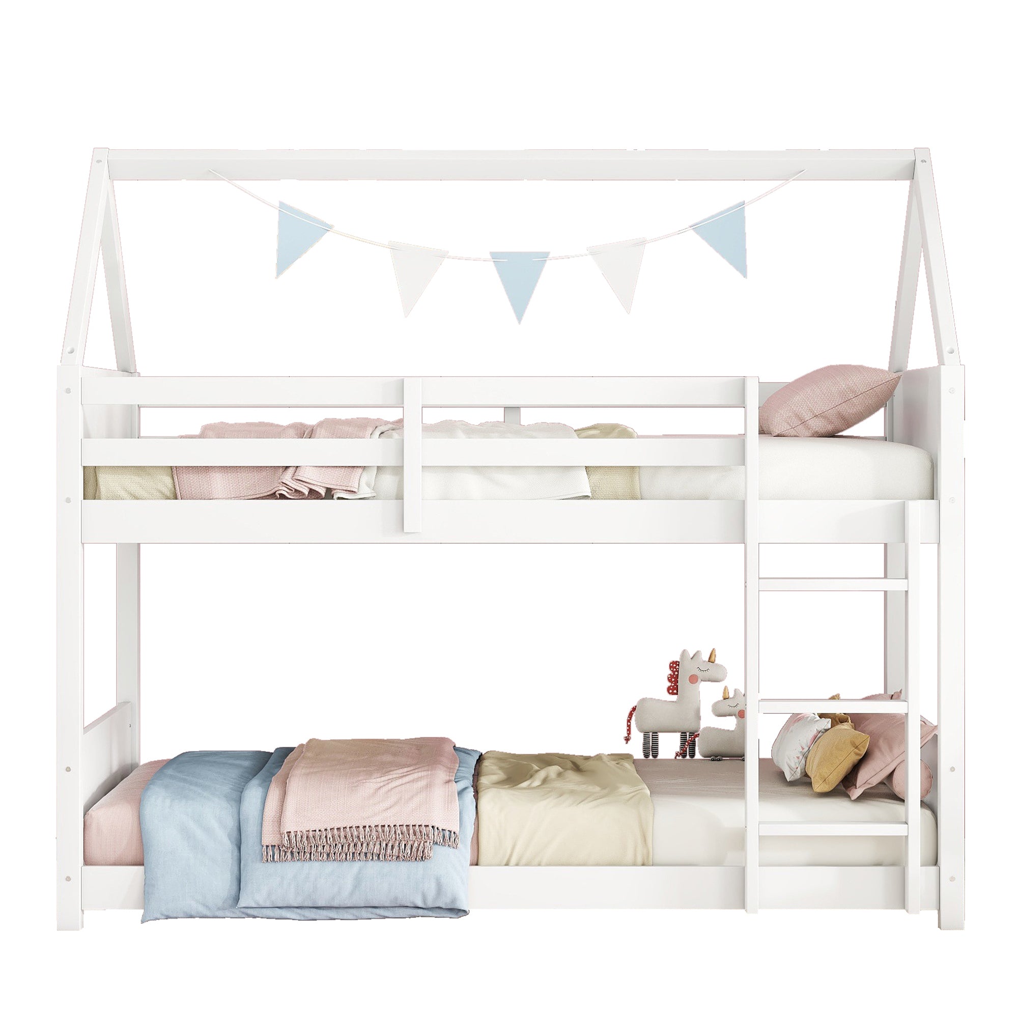 Twin Over Twin House Floor Bunk Bed with Guardrails and Ladder