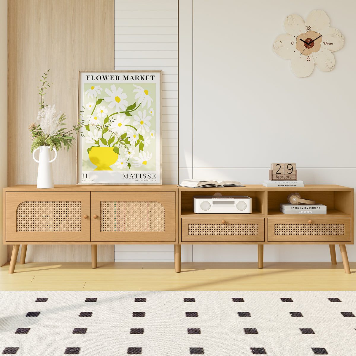 Natural Wood Boho TV Stand &amp; Media Console for TVs up to 85&quot;