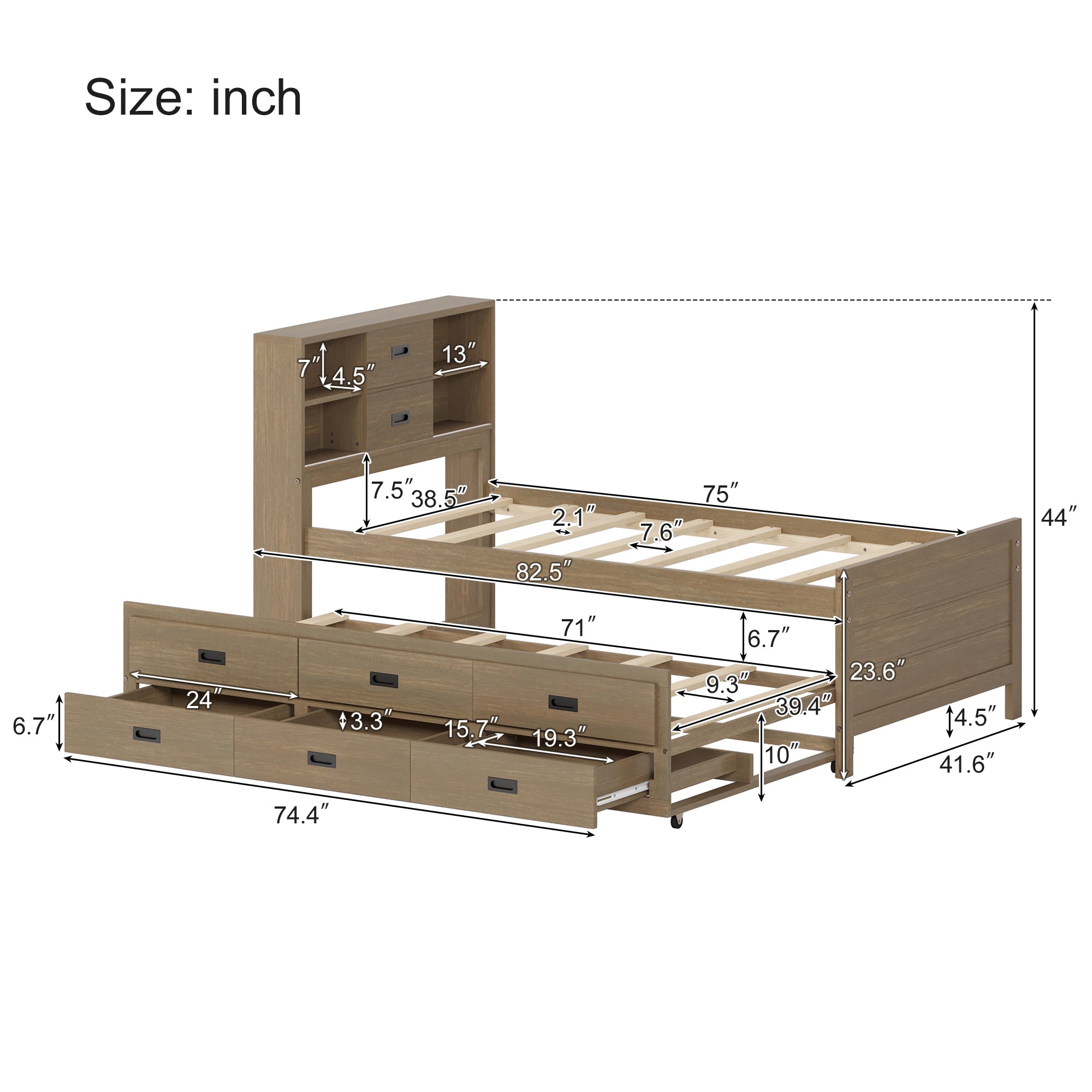 Walnut Twin Bed with Trundle, Drawers & Modern Design