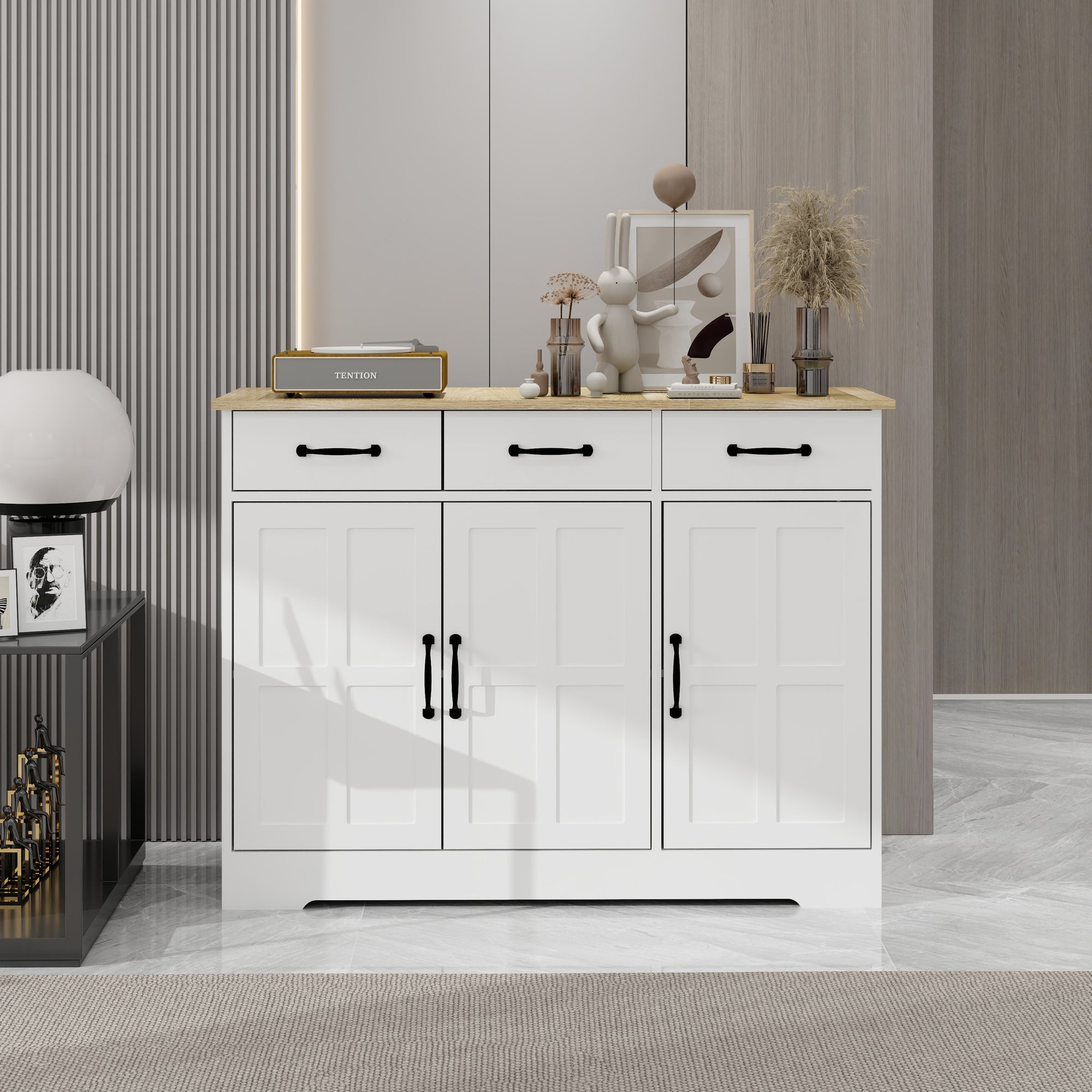 Farmhouse Buffet Cabinet Storage Sideboard with 3 Drawers and 3 Doors for Dining Living Room Kitchen Cupboard In White