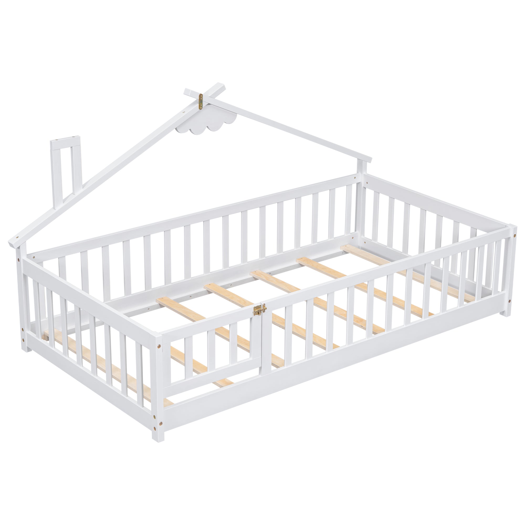 Twin House-Shaped Bedside Toddler Floor Bed with Guardrails, Slats & Door