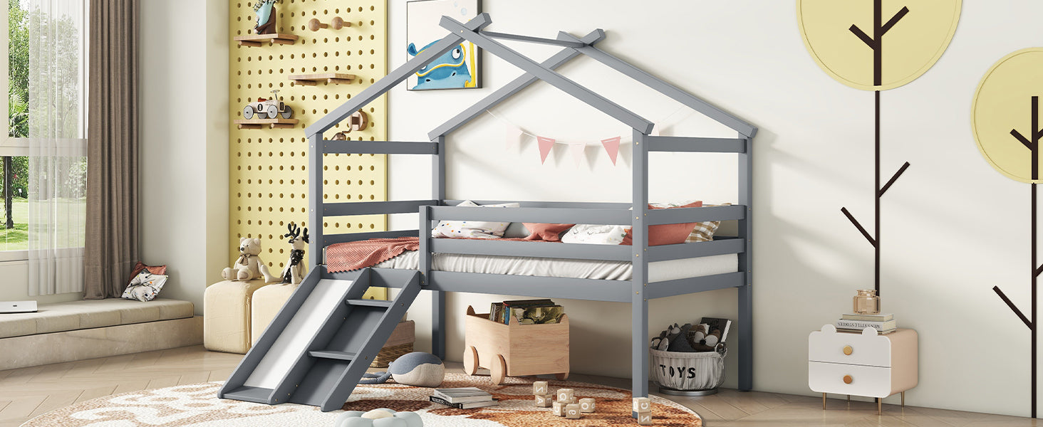 Gray Twin Low Loft House Bed with Slide, Ladder, and Roof Frame