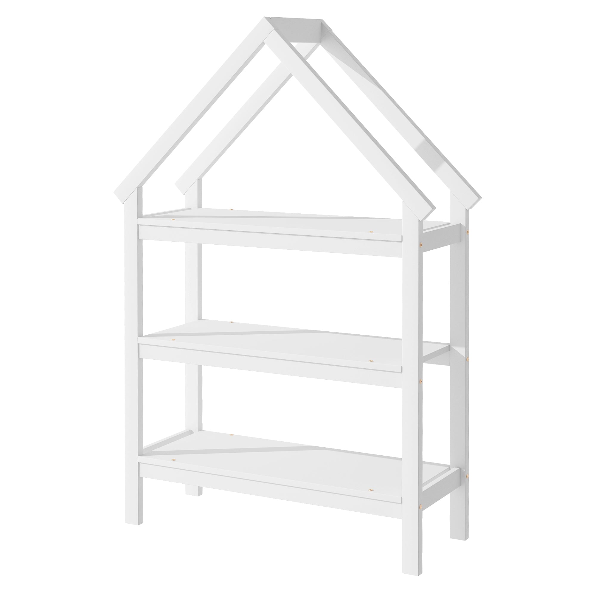 Twin Size Wood House-Shaped Floor Bed with Storage Shelf and Hanger in White