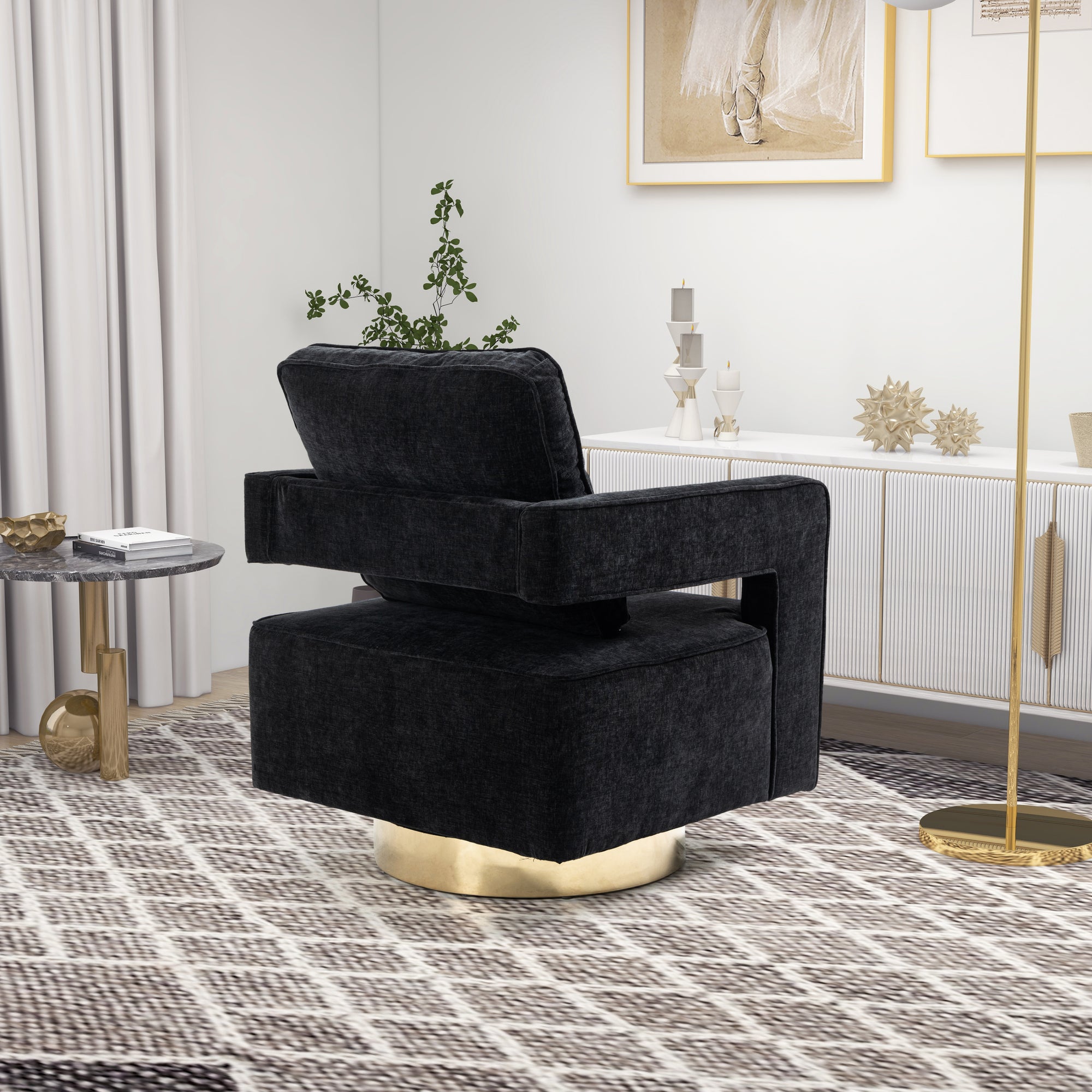 Open Back Black Chenille Swivel Accent Chair With Gold Stainless Steel Base