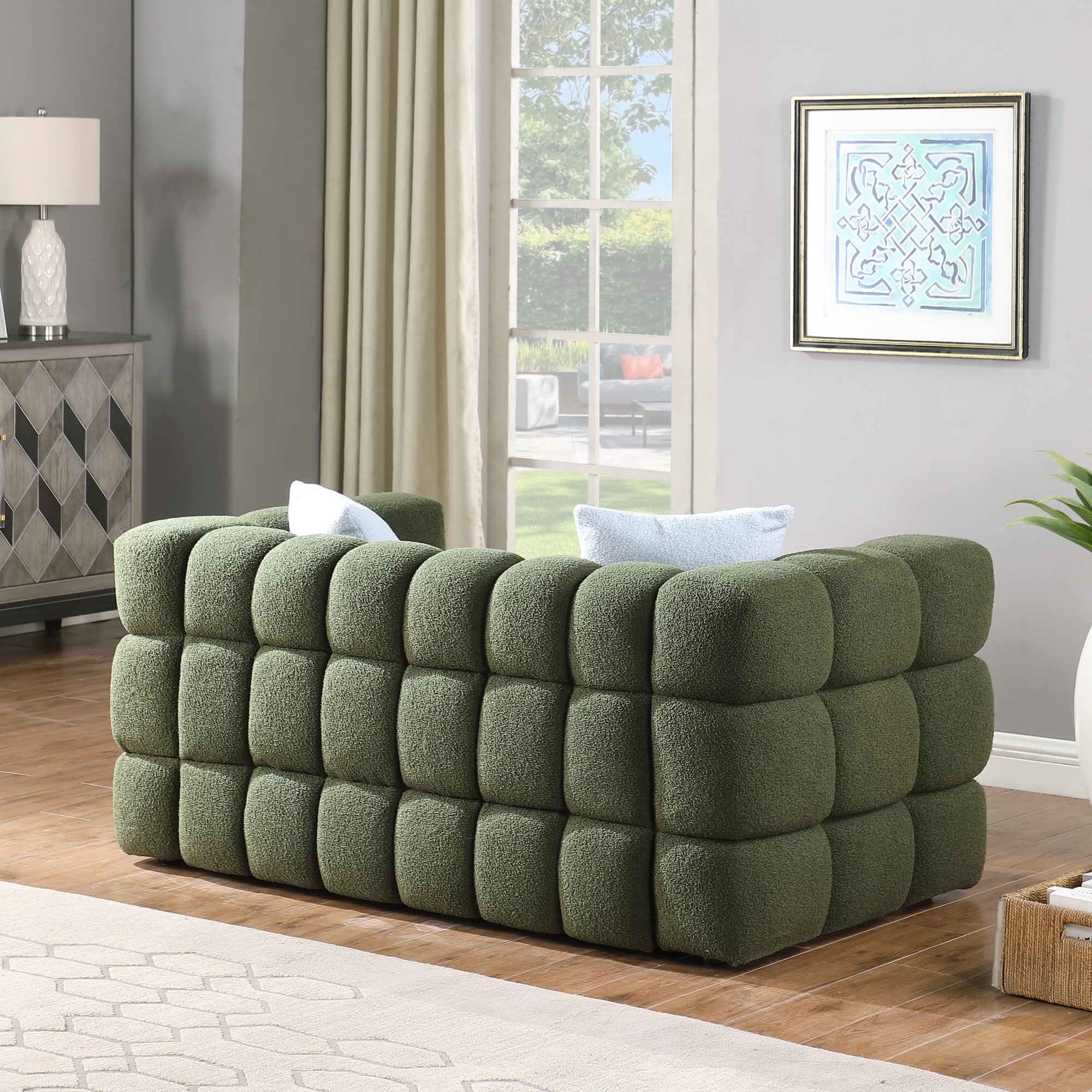 Olive Green Boucle 5-Seater Marshmallow Loveseat Sofa