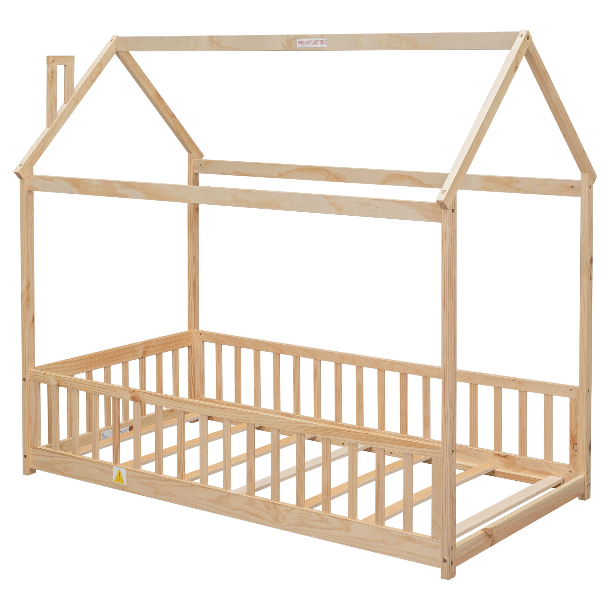 Natural Pine Frame Twin House Bed with Guardrails