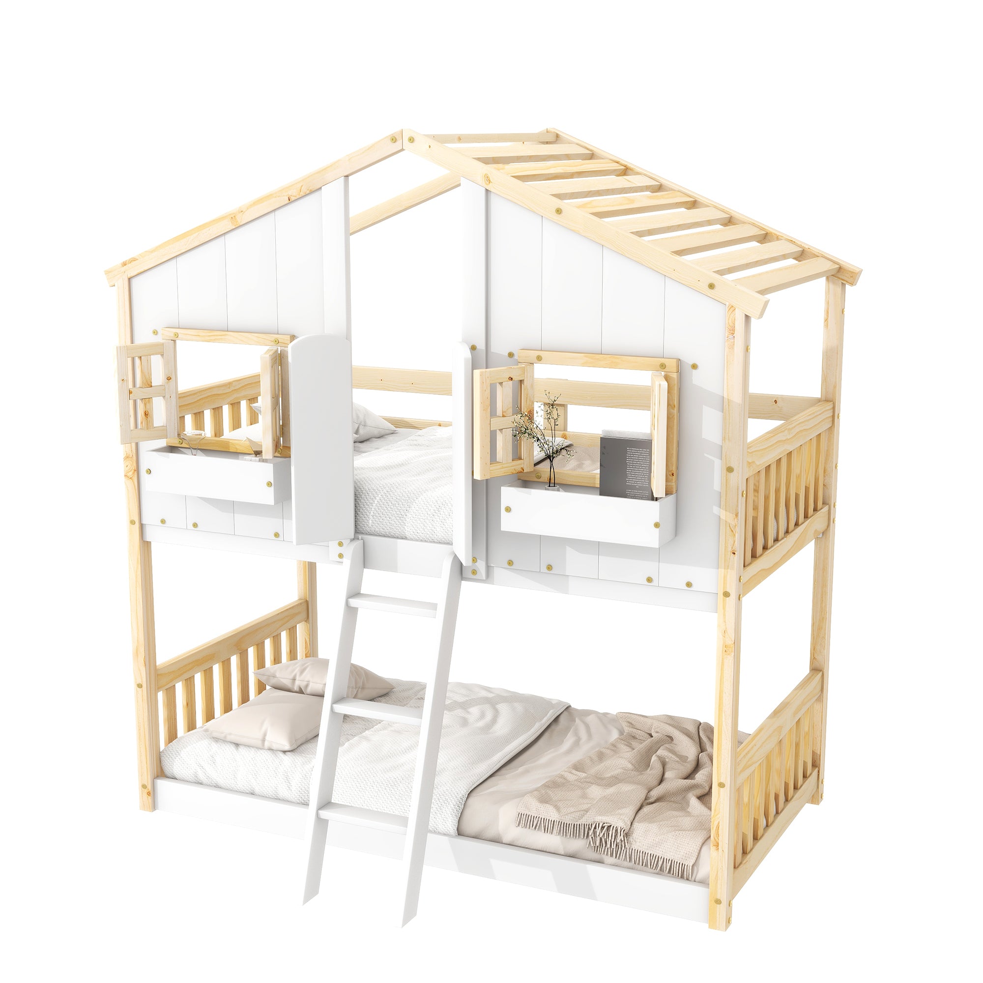 Twin Over Twin House Bunk Bed with Roof, Window, and Door in Natural and White Tones