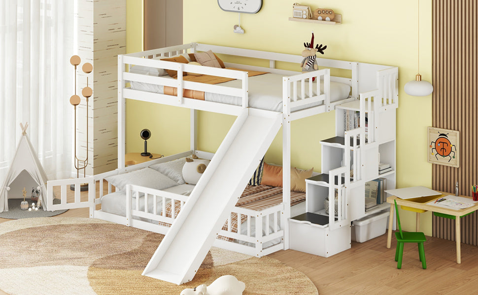 Solid Pine Wood Twin Over Full Bunk Bed with Slide and Storage Staircase