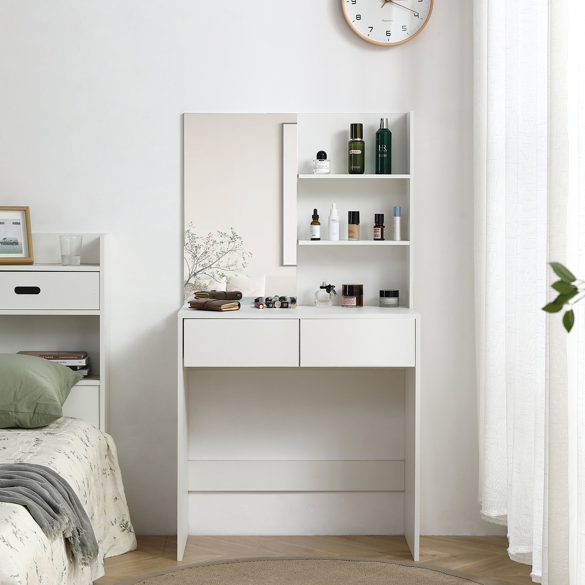 Vanity Desk With Mirror And 2 Drawers In White Color