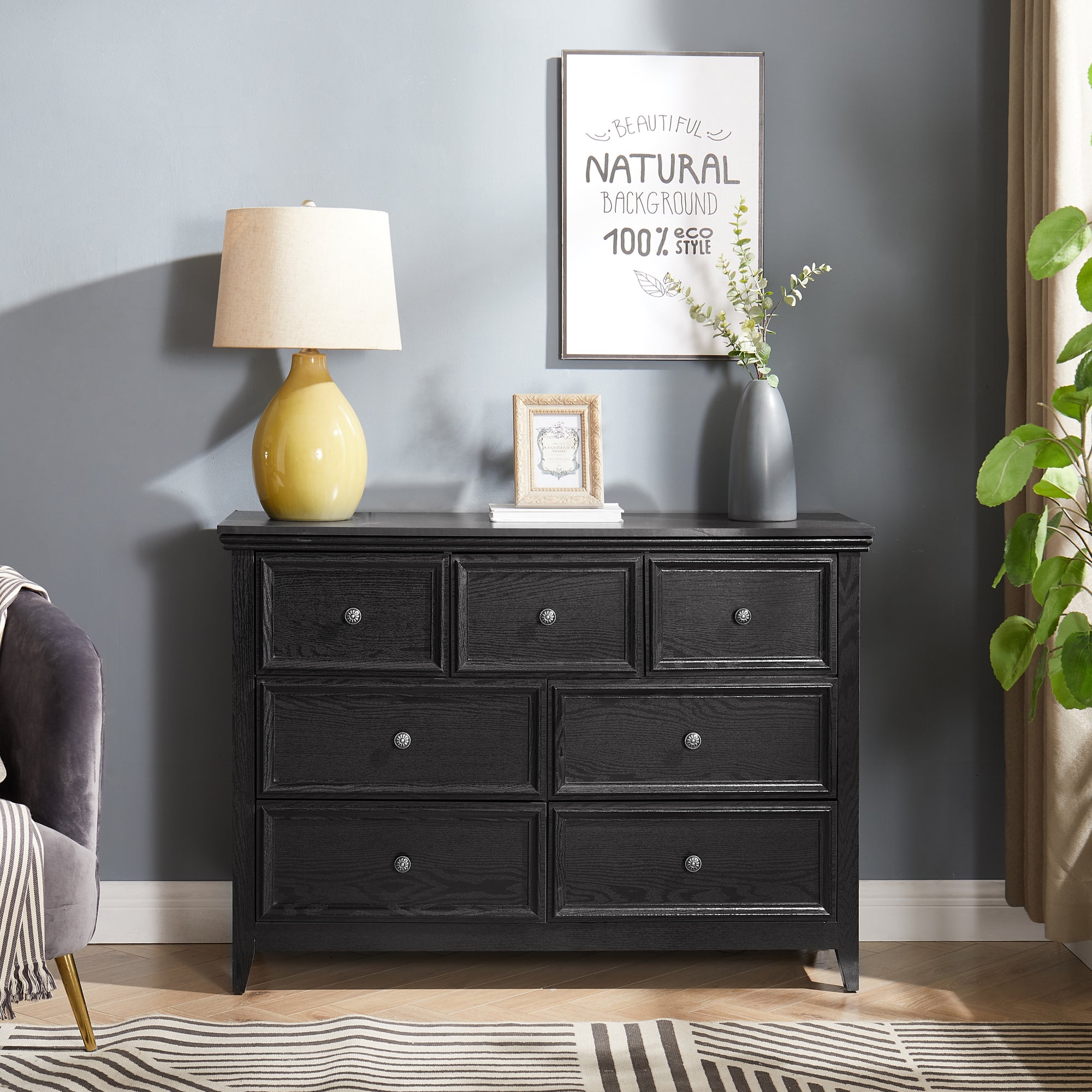 Modern 7 Drawers Dresser Efficient Storage Cabinet In Black