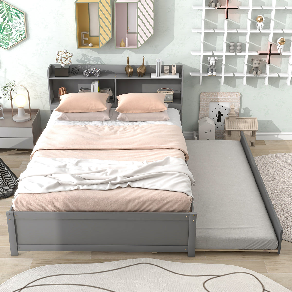 Full Bed with Trundle &amp; Bookcase Headboard In Gray