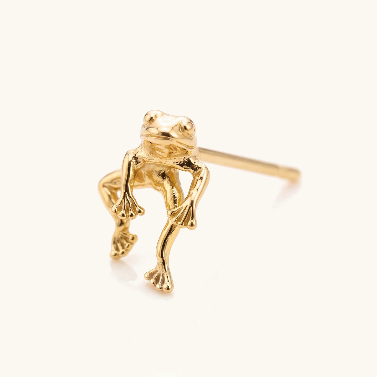 Cute Swimming Frog Gold Stud Earrings – angled close-up of the gold swimming frog stud