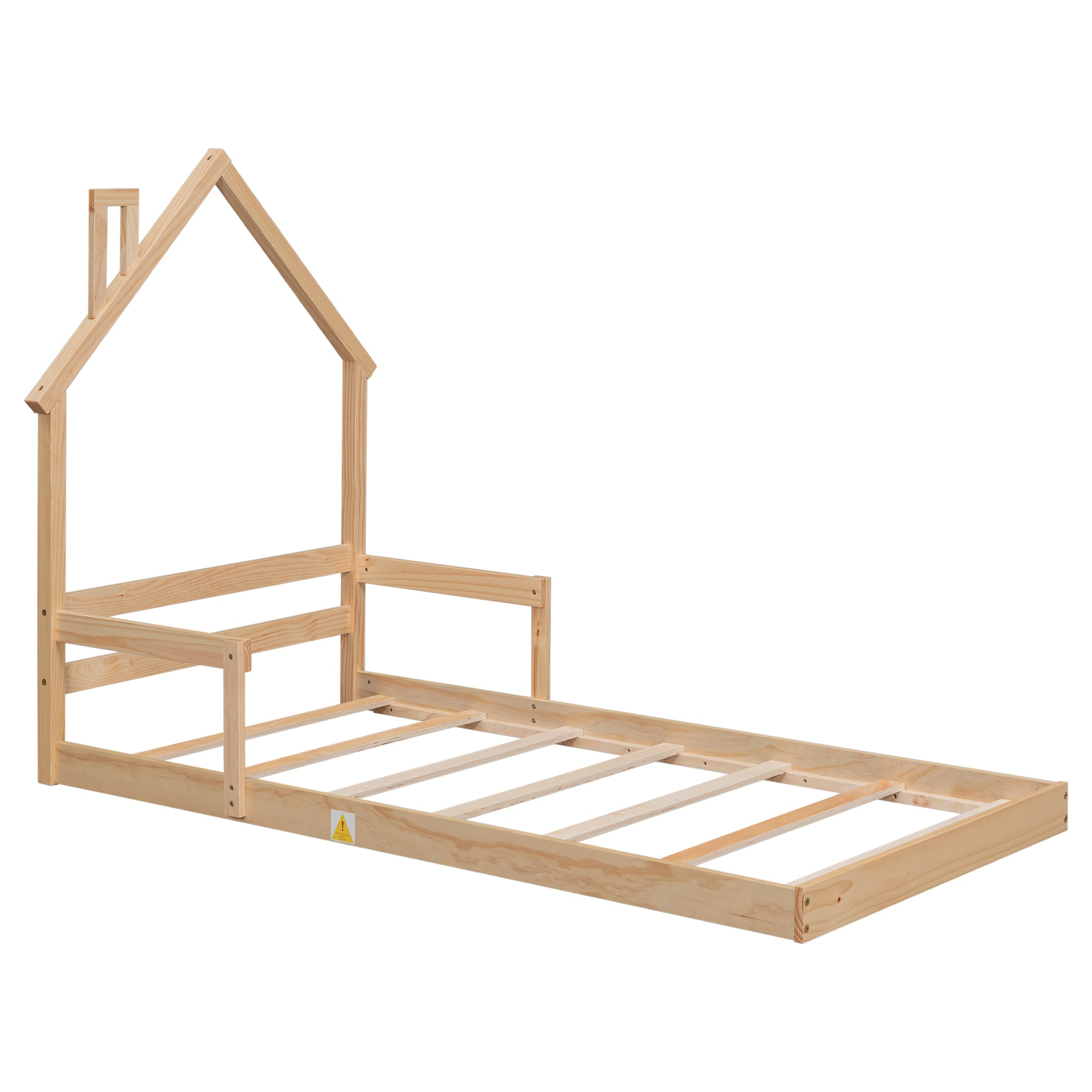 Natural Tone Twin House-Shaped Headboard Bed with Handrails