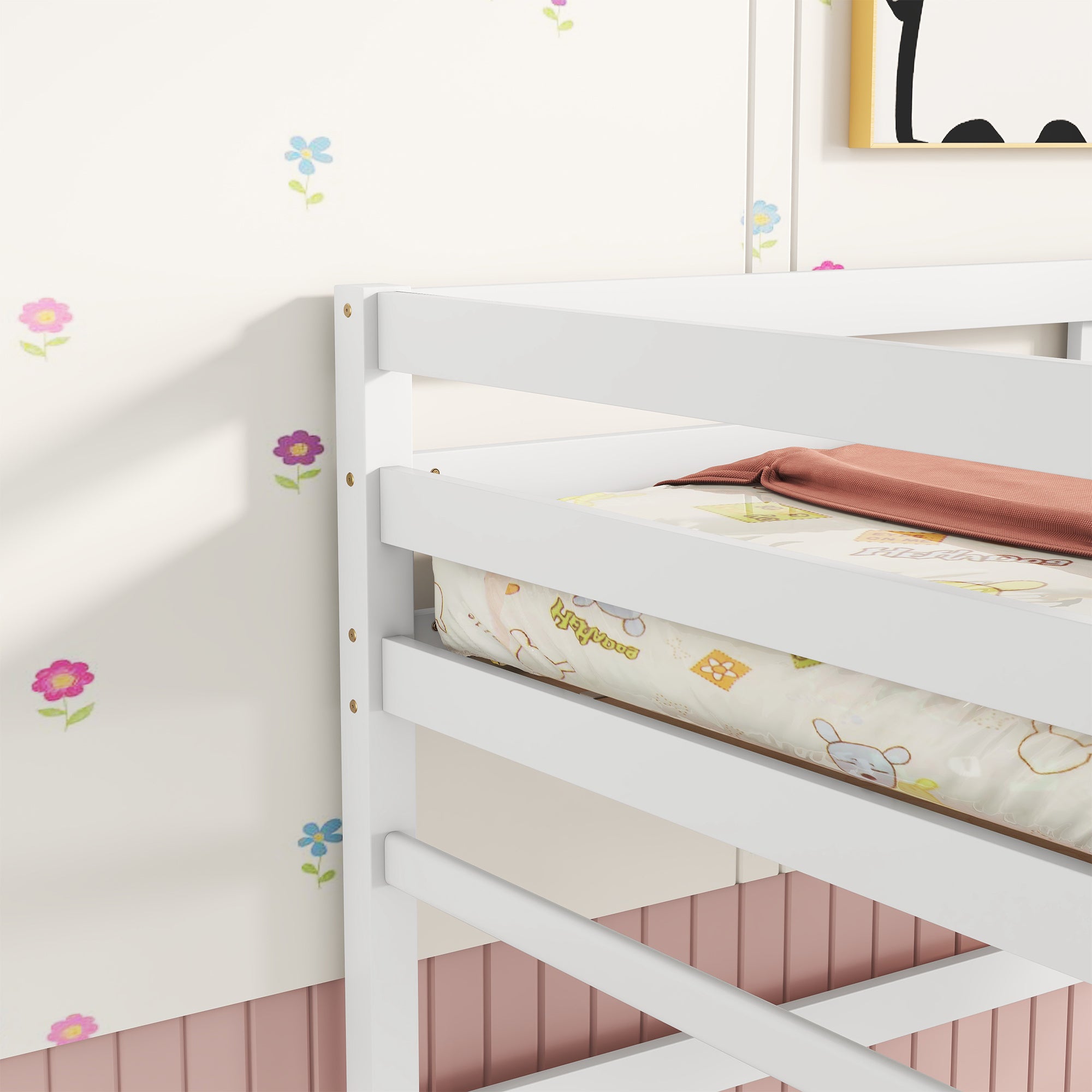 White Twin Size High Loft Bed with Inclined Ladder and Guardrails