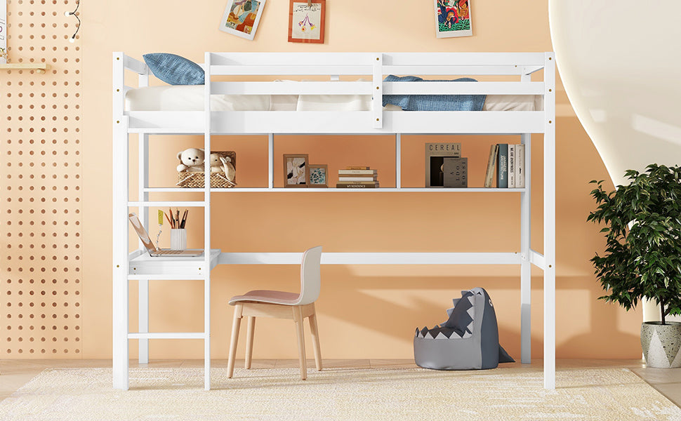 Twin Size Loft Bed For Kids with Desk, Shelves, Safety Guardrail & Ladder