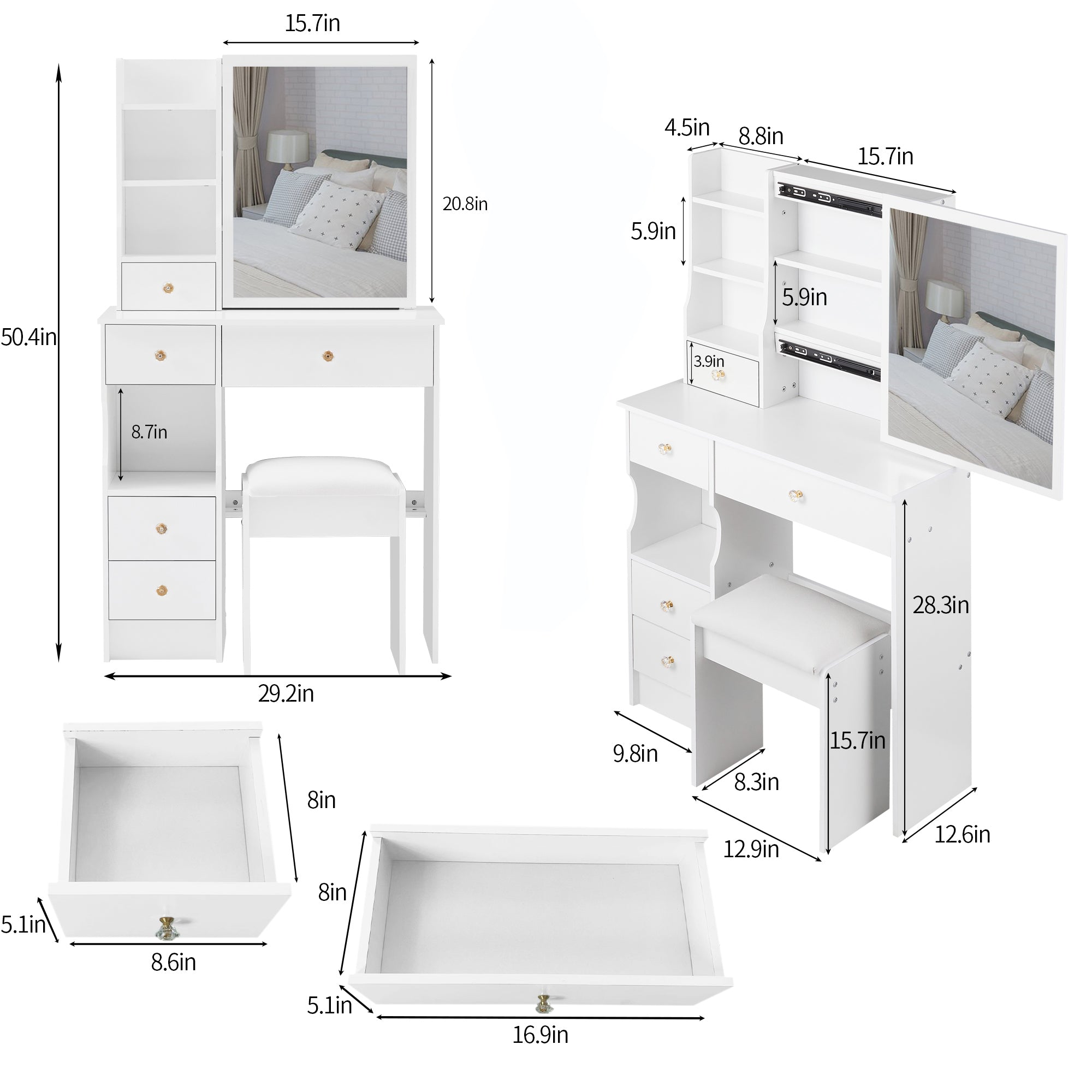 Small Size Left Drawer Desktop Vanity Table With Cushioned Stool Extra Large Sliding Mirror High Capacity Storage Suitable For Small Space In White