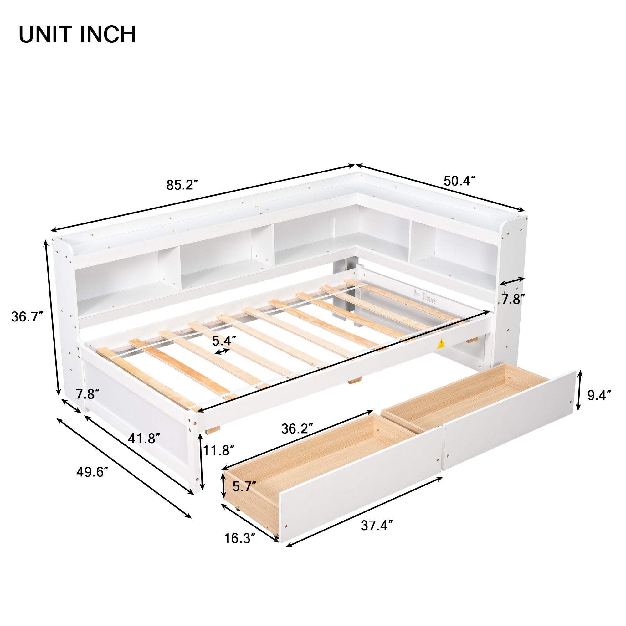 White Twin Bed with L-Shaped Bookcases and Storage Drawers