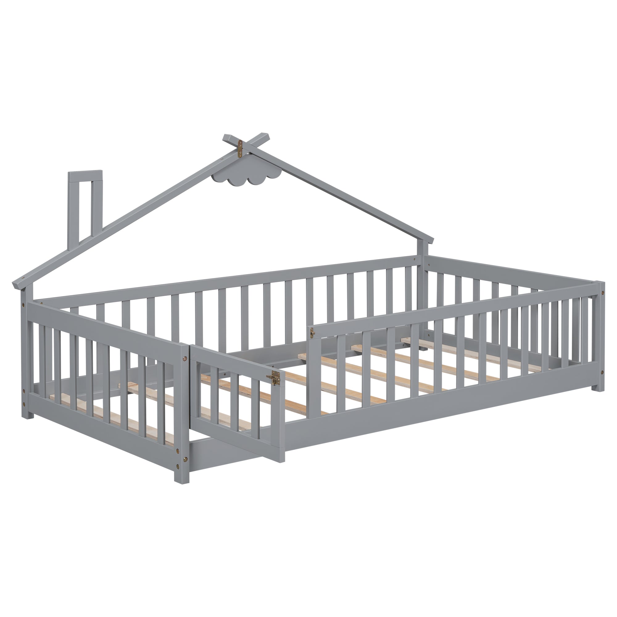 Twin House-Shaped Bedside Toddler Floor Bed with Guardrails and Door in Gray