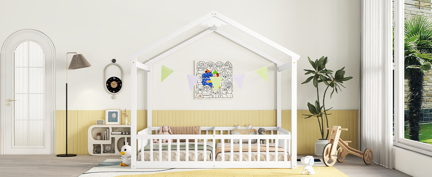 White Double Twin House-Style Toddler Floor Bed with Fence & Guardrails