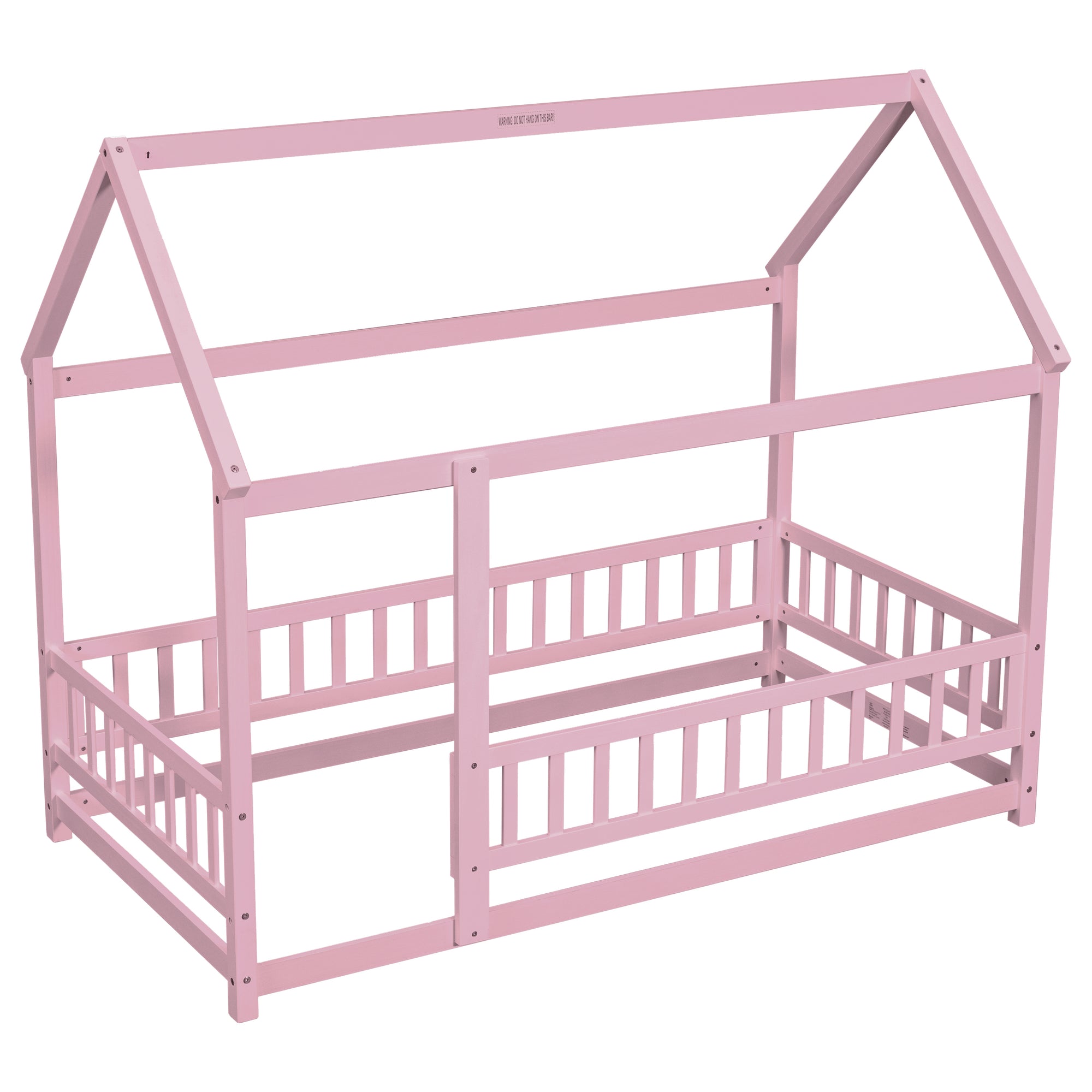 Pink Twin Size Toddler Floor Wooden Bed with House Roof Frame and Fence Guardrails