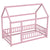 Pink Twin Size Toddler Floor Wooden Bed with House Roof Frame and Fence Guardrails