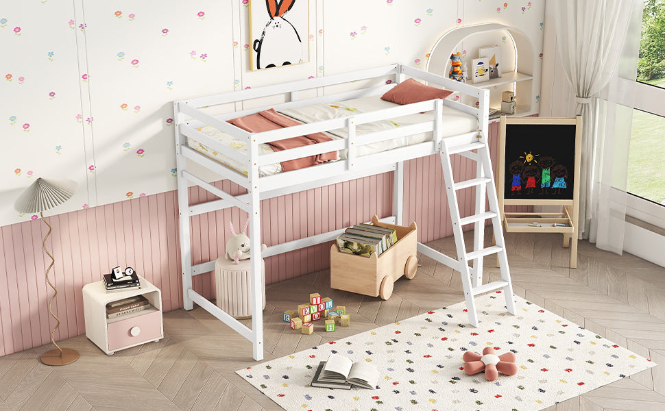 White Twin Size High Loft Bed with Inclined Ladder and Guardrails