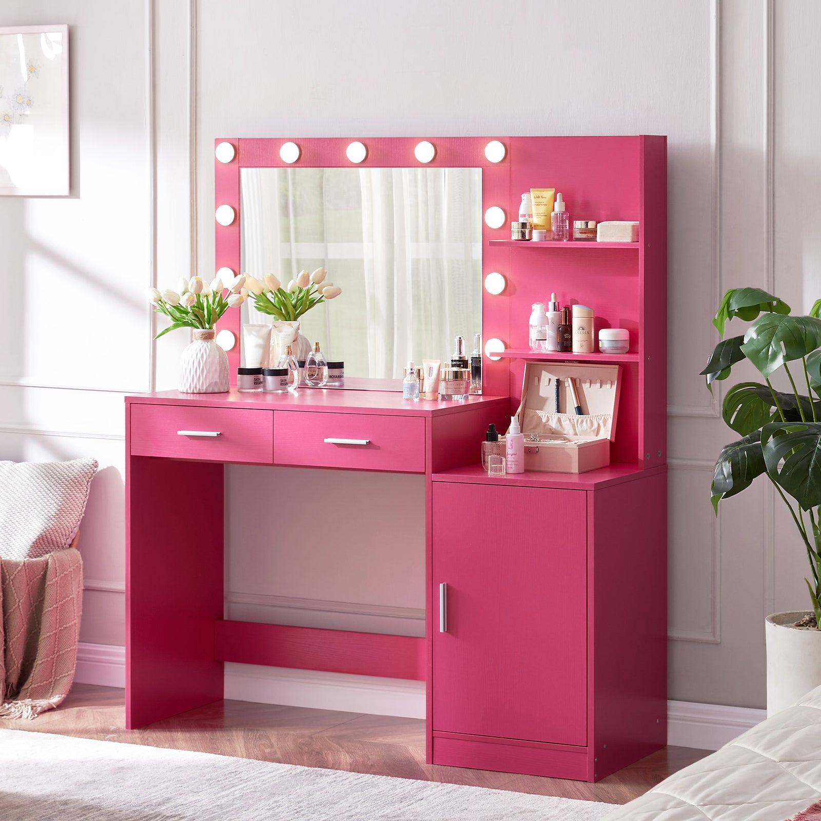 THE FURNITURE CO. Vanity Default Vanity Desk with Mirror and Lights, 46.4IN Dressing Table with 2 Large Drawers and Vertical Organizer In Rose Pink
