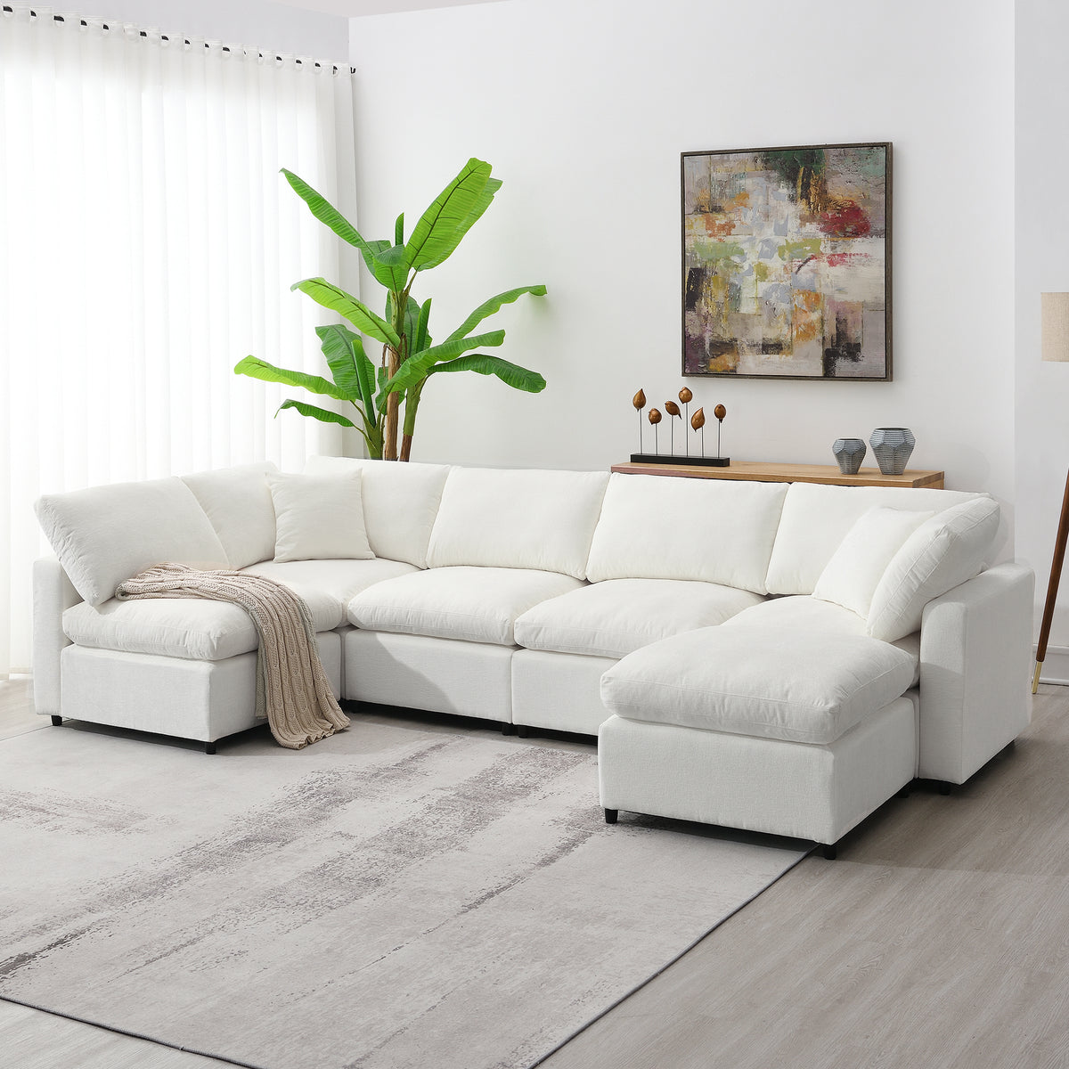 130 Inch Modern Modular Cloud Sofa Bed with Ottoman Convertible U Shaped Design for Living Room Comfort In Beige