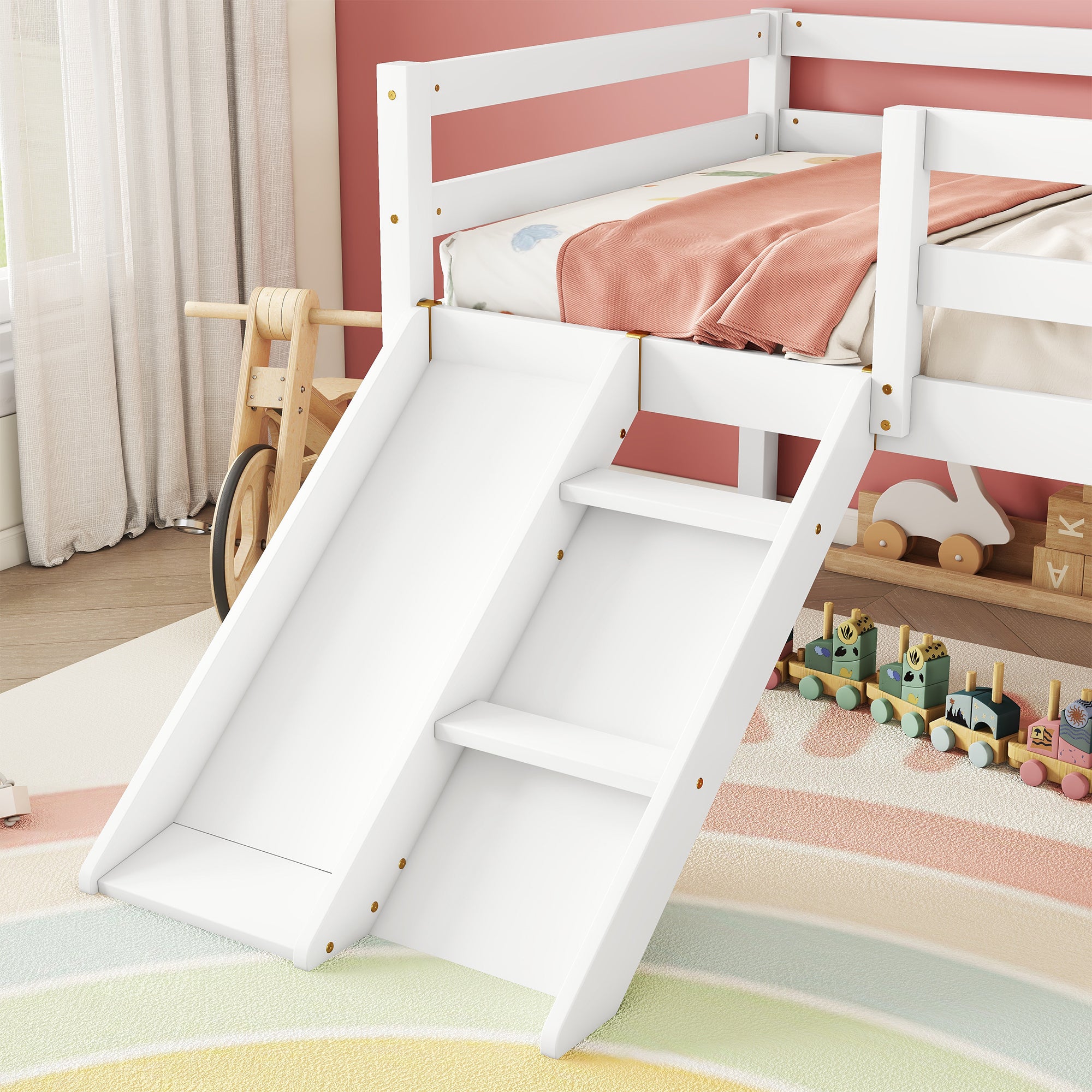 Twin Size Low Loft Bed with Slide, Ladder & Safety Guardrails in White