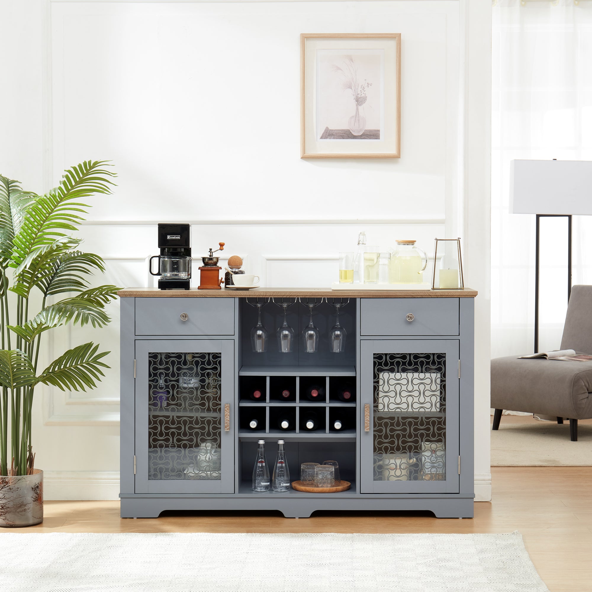 Modern Farmhouse Buffet Cabinet with 2 Drawers and Glass Door, Wine Rack and Coffee Bar for Kitchen and Dining Room In Light Blue and Light Oak