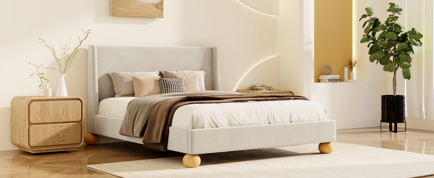 Cream King Modern Velvet Upholstered Platform Bed Frame