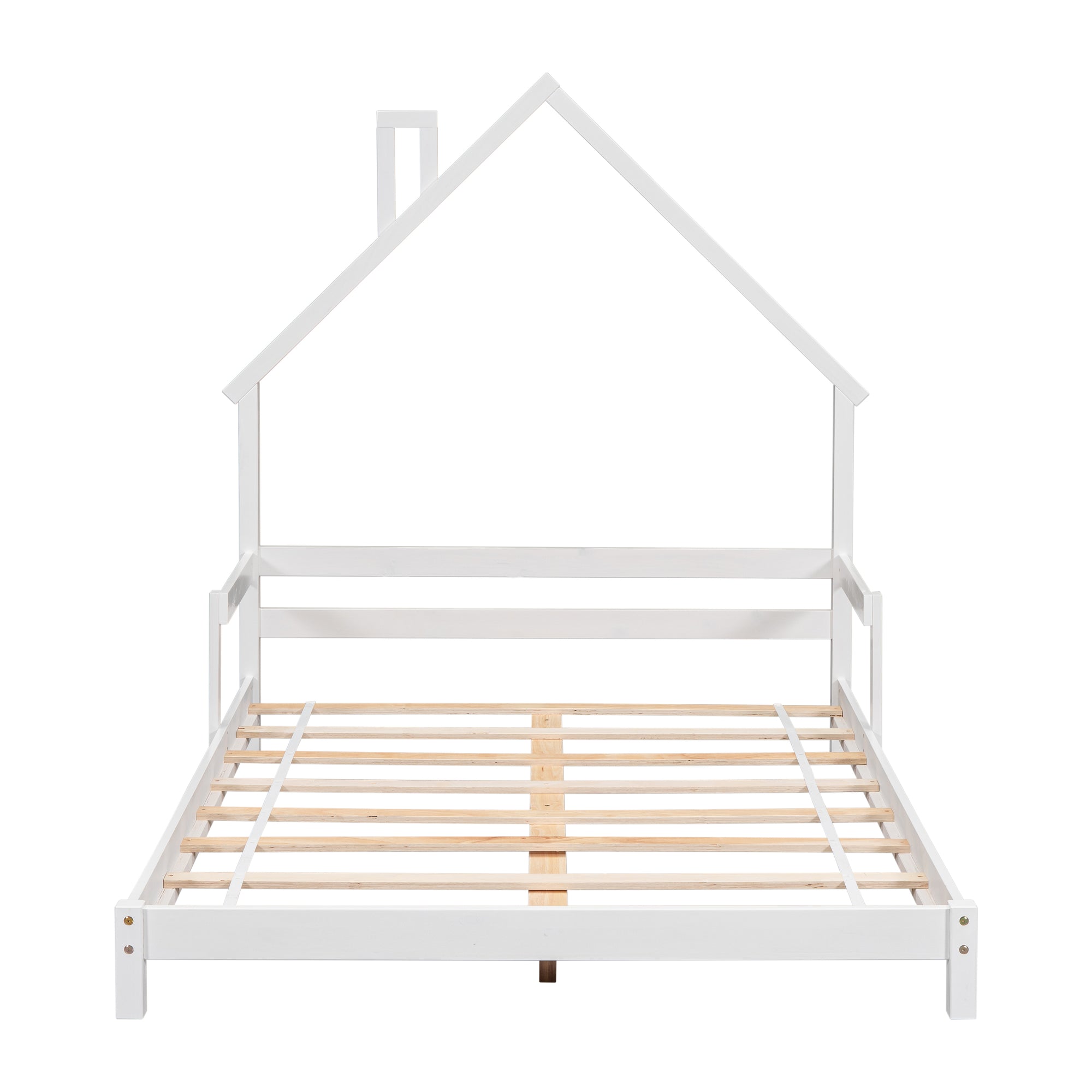 Full House-Shaped Headboard Bed with Handrails in White