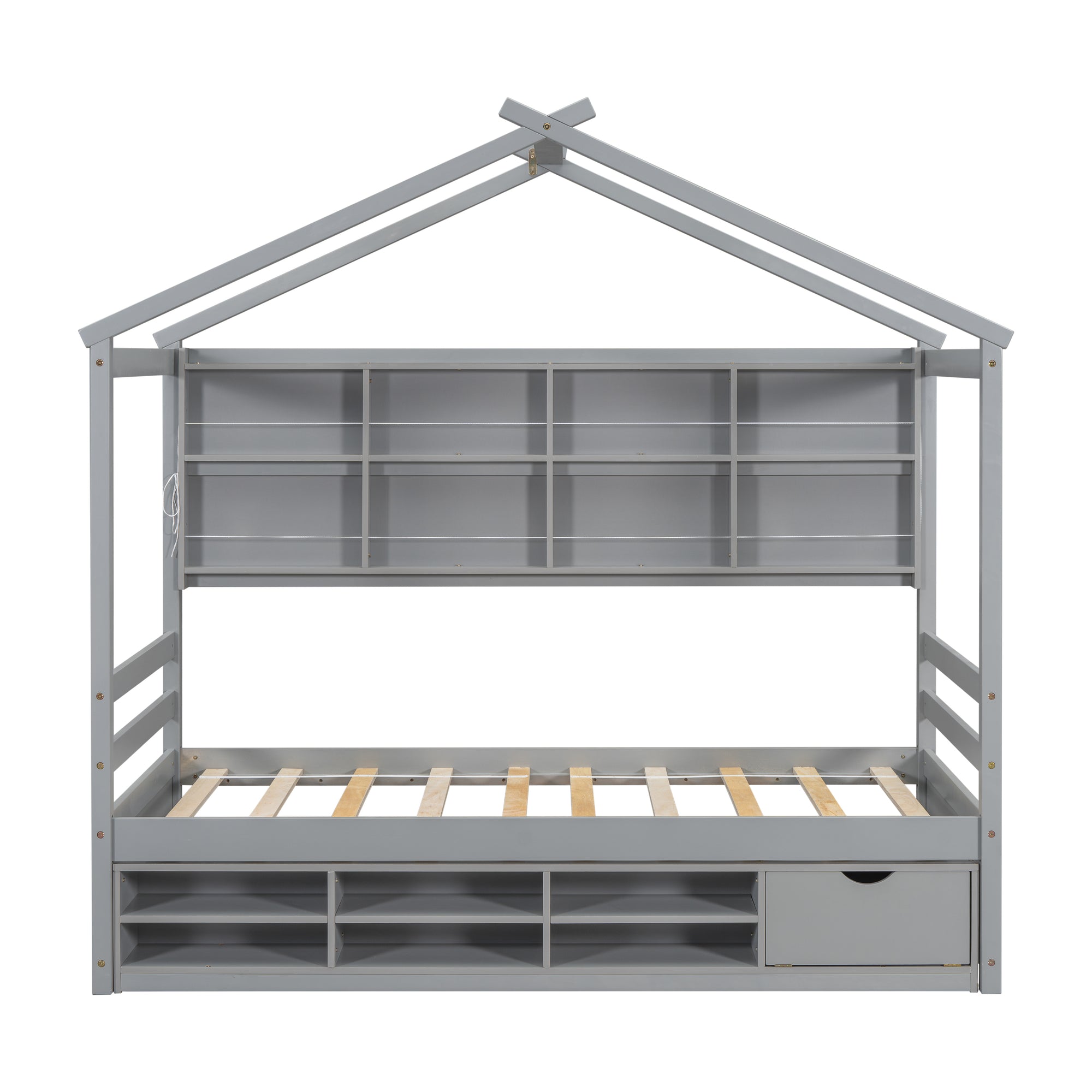 Gray Twin House Bed with Roof Frame, Bedside Shelves & Under-Bed Storage Unit